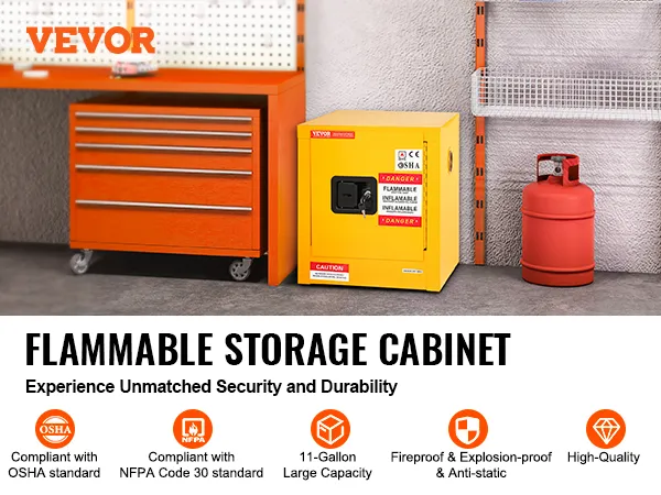 VEVOR flammable cabinet in workshop, showcasing osha and nfpa compliance and large capacity.