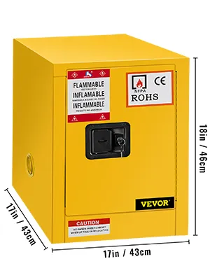 gelber brennbarer VEVOR-Schrank mit Sicherheitsetiketten, Maße 17 x 18 x 17 Zoll.