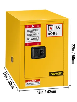 Armario de almacenamiento de materiales inflamables VEVOR amarillo con etiquetas de seguridad, dimensiones 17 x 22 pulgadas.
