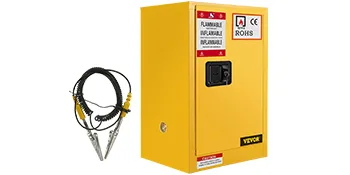 Armario de almacenamiento de material inflamable VEVOR amarillo con cerradura y etiquetas de conformidad con las normas de seguridad.