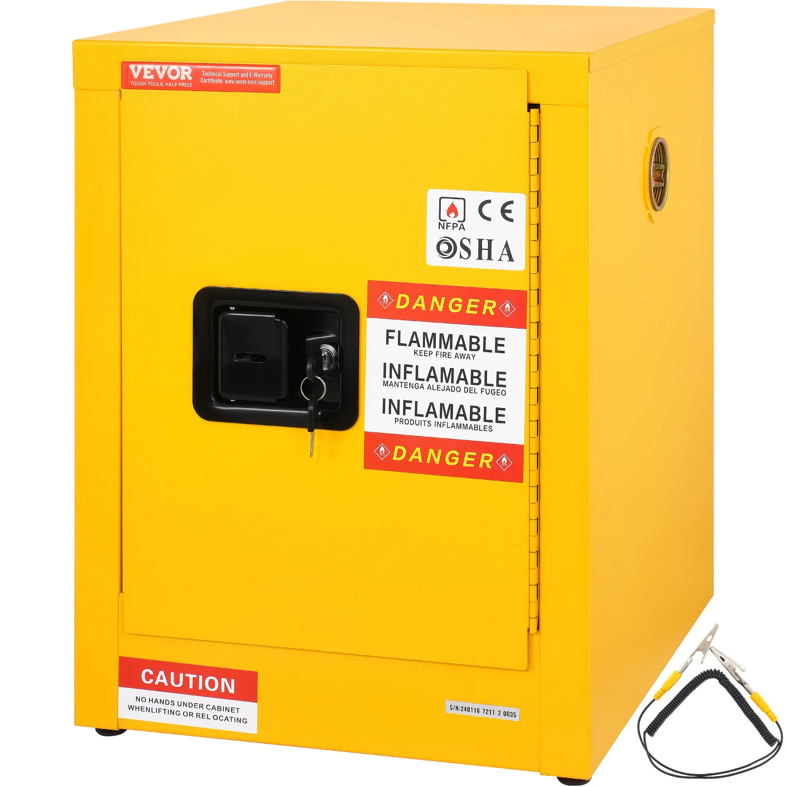 Armario de almacenamiento de materiales inflamables VEVOR amarillo con etiquetas de seguridad y puerta con cerradura.