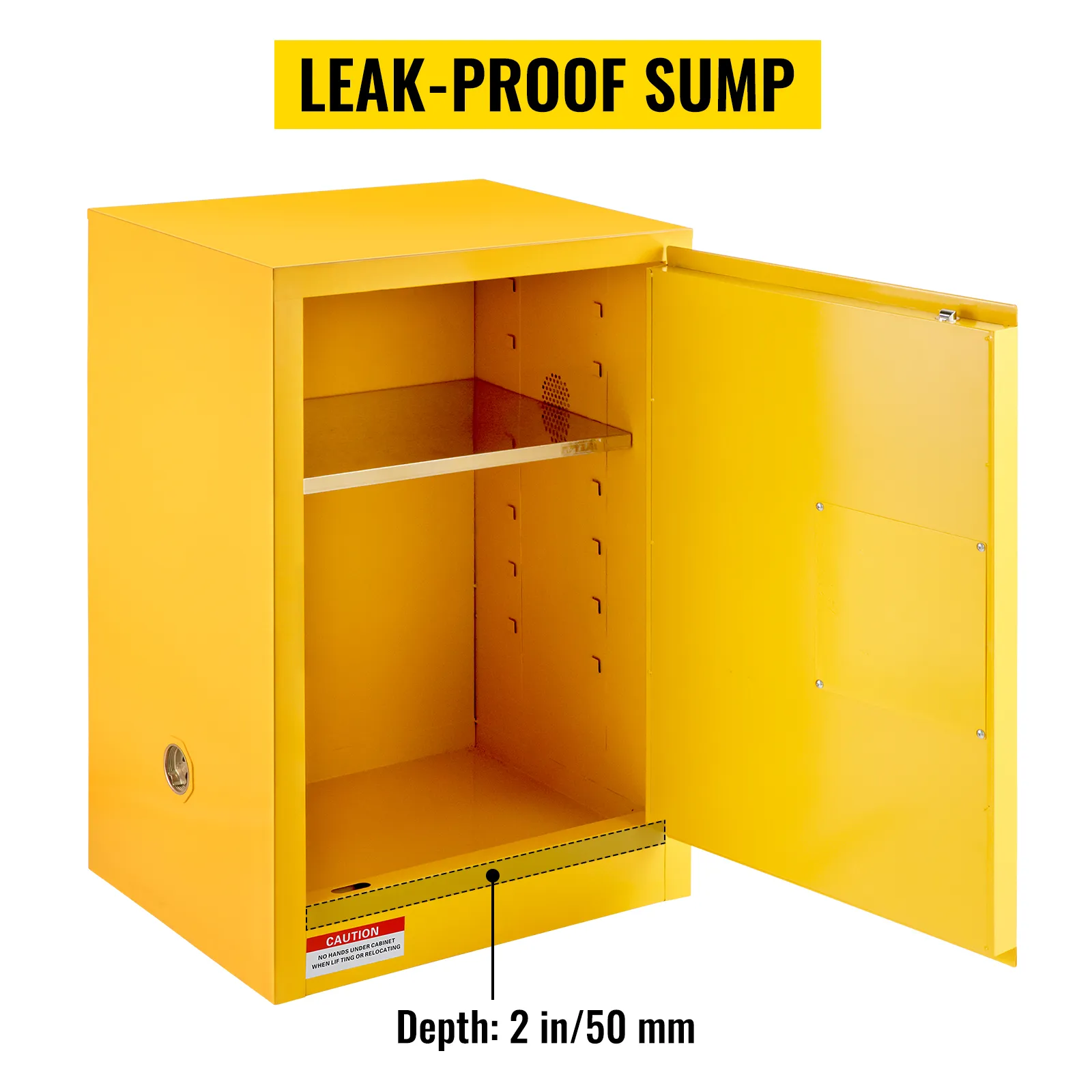 Gabinete de almacenamiento de inflamables VEVOR amarillo con sumidero a prueba de fugas y una profundidad de 2 pulgadas.