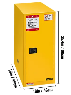 yellow VEVOR flammable storage cabinet, 18in x 18in x 35.4in, with safety labels.