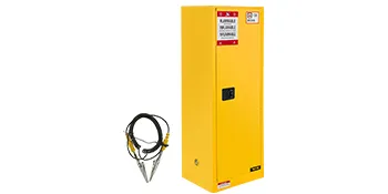 yellow VEVOR flammable storage cabinet with safety labels and grounding cable.