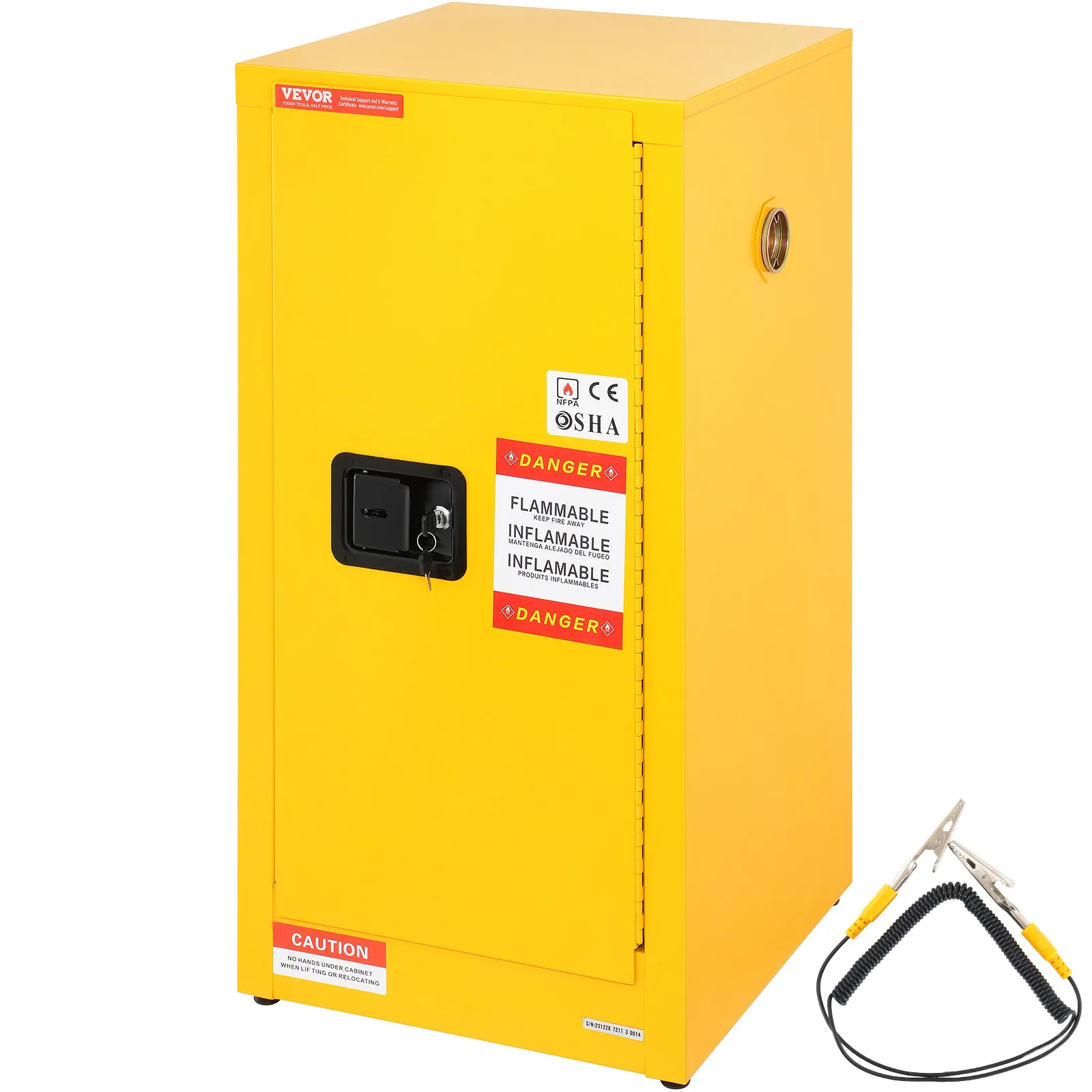 yellow VEVOR flammable storage cabinet with safety labels and attached grounding wire.