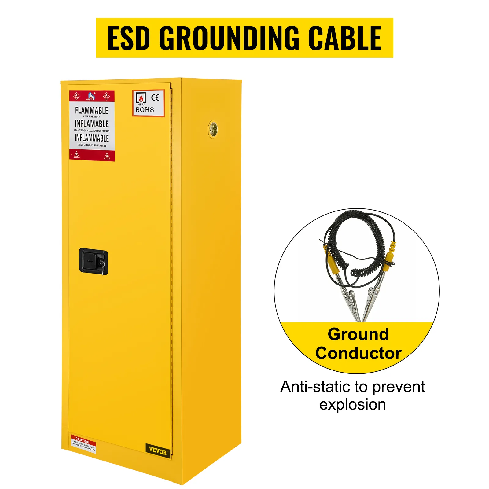 yellow VEVOR flammable storage cabinet with esd grounding cable for safety.