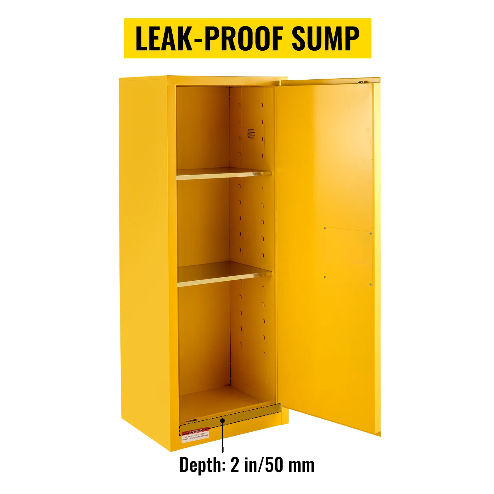 yellow VEVOR flammable storage cabinet with leak-proof sump and two shelves.