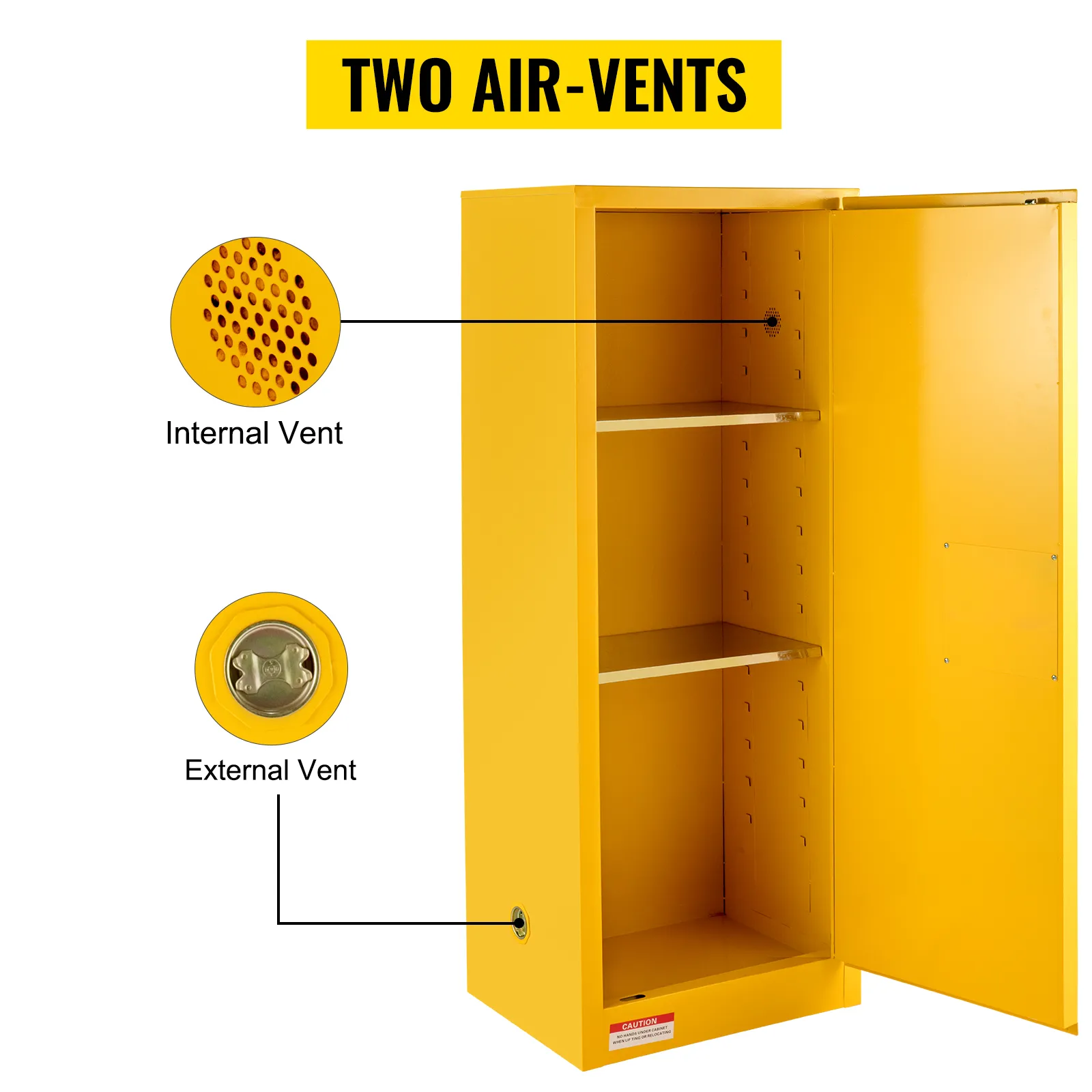 yellow VEVOR flammable storage cabinet with two air vents; internal and external.