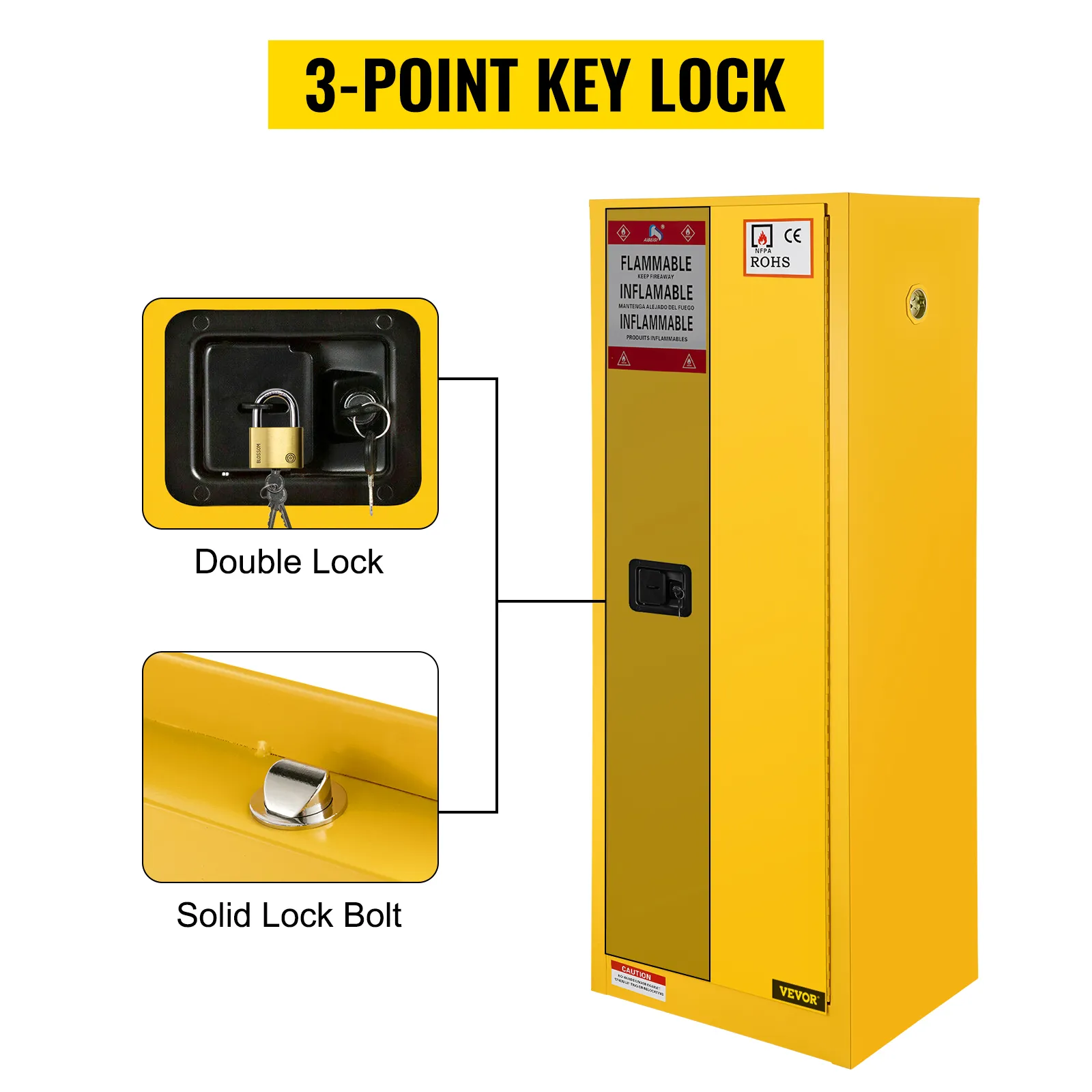 VEVOR flammable storage cabinet with 3-point key lock, double lock, solid lock bolt.