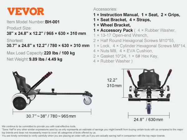 Accesorio de asiento para hoverboard VEVOR con longitudes ajustables y kit de accesorios completo para un fácil montaje.