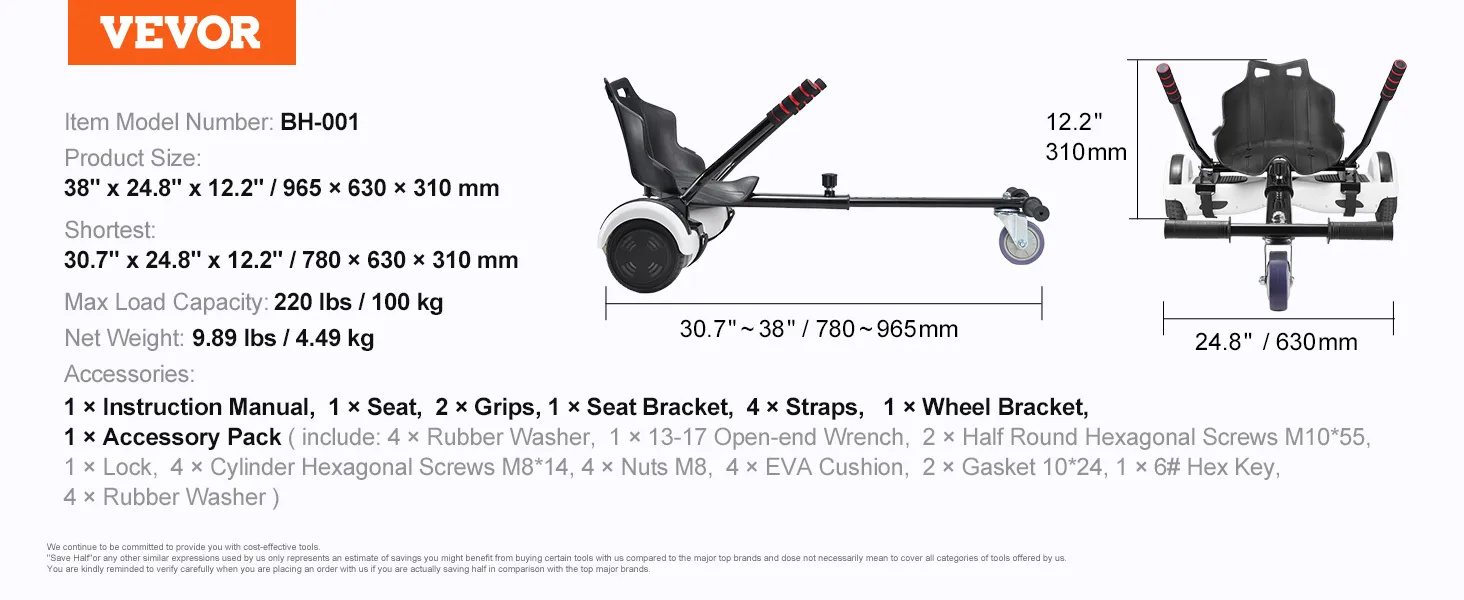 Accesorio de asiento para hoverboard VEVOR con longitudes ajustables y kit de accesorios completo para un fácil montaje.