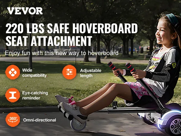 Accesorio de asiento para hoverboard VEVOR en un hoverboard con capacidad de 220 libras, amplia compatibilidad y longitud ajustable.