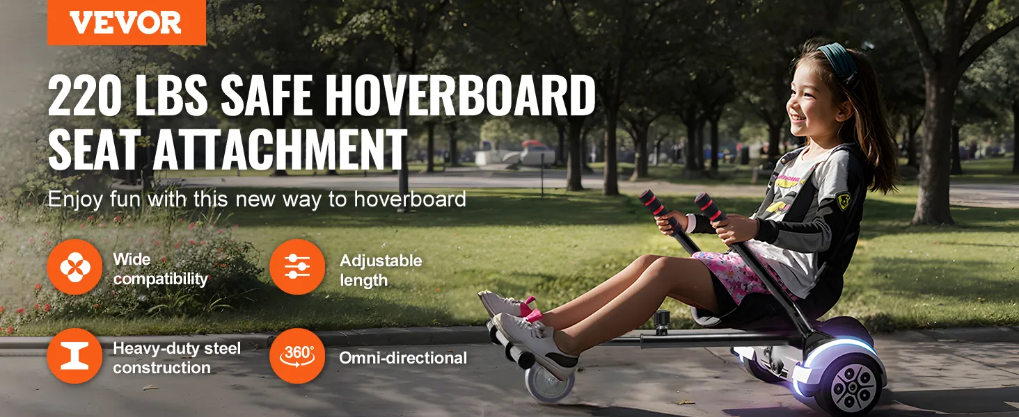Accesorio de asiento para hoverboard VEVOR en un hoverboard con capacidad de 220 libras, amplia compatibilidad y longitud ajustable.