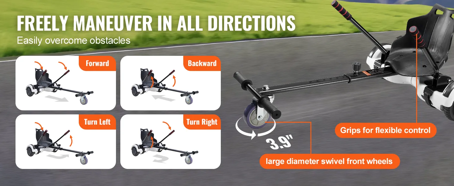 Accesorio de asiento para hoverboard VEVOR con empuñaduras de control flexibles y grandes ruedas delanteras giratorias para todas las direcciones.