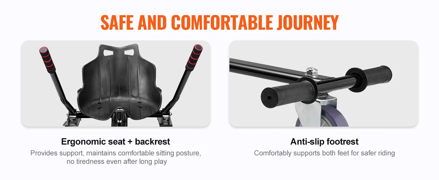 Asiento ergonómico y reposapiés antideslizante en el accesorio de asiento del hoverboard VEVOR para un viaje seguro y cómodo.