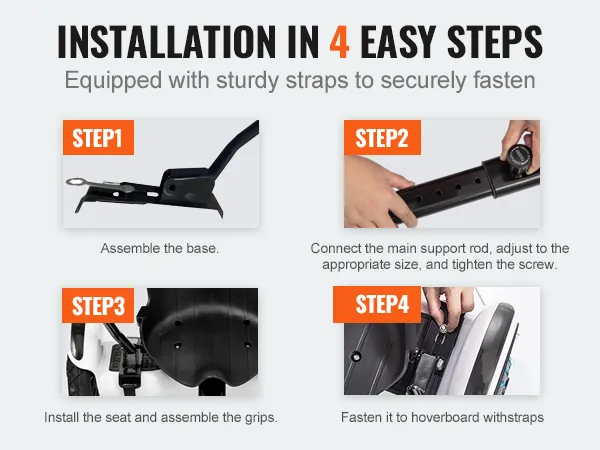 Pasos de instalación para la fijación del asiento del hoverboard VEVOR: ensamblar la base, conectar la varilla de soporte, instalar el asiento, sujetar las correas.