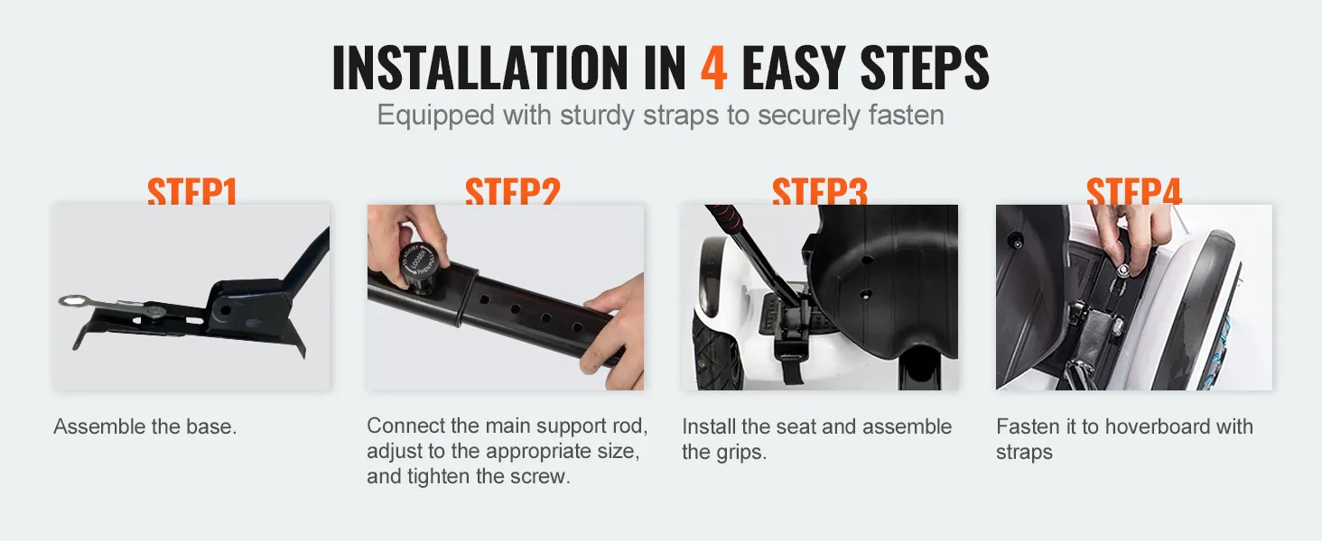 Pasos de instalación para la fijación del asiento del hoverboard VEVOR: ensamblar la base, conectar la varilla de soporte, instalar el asiento, sujetar las correas.