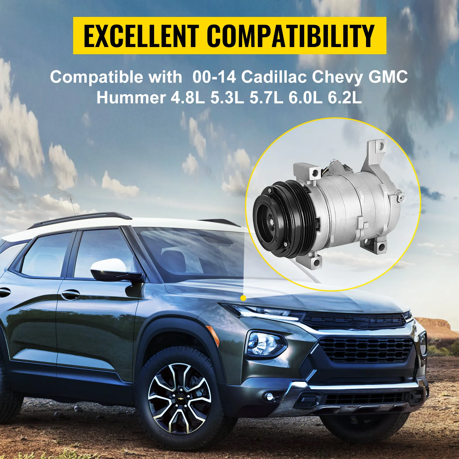 VEVOR ac compressor for chevy with chevy suv and compatibility text against sky background.