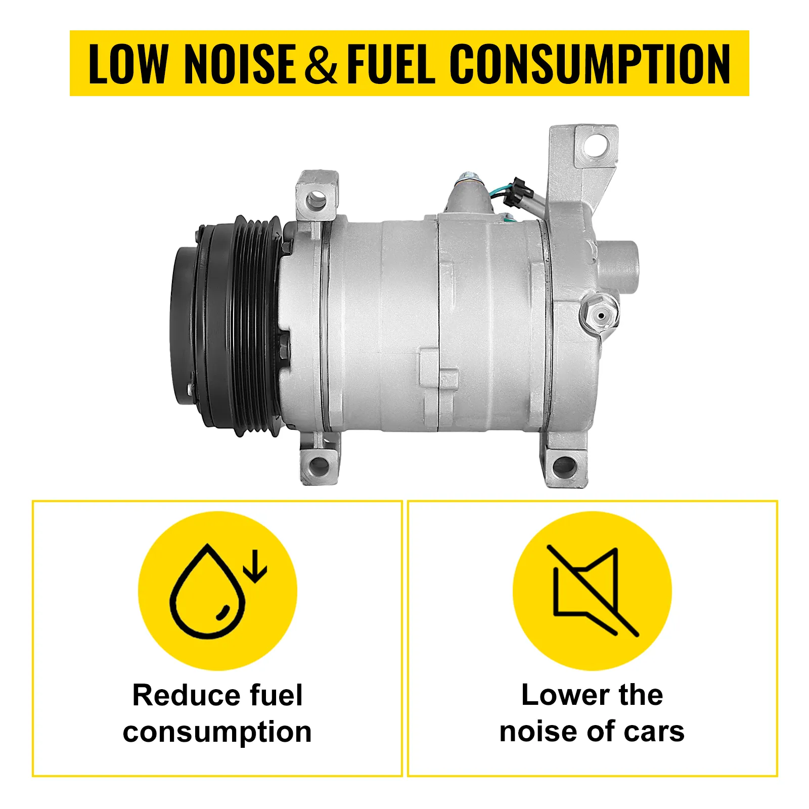 VEVOR ac compressor for chevy, low noise and fuel consumption benefits.