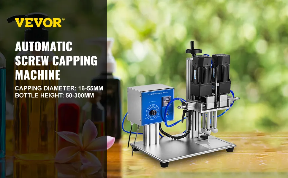 Máquina taponadora de rosca VEVOR con diámetro de taponado y altura de botella ajustables.