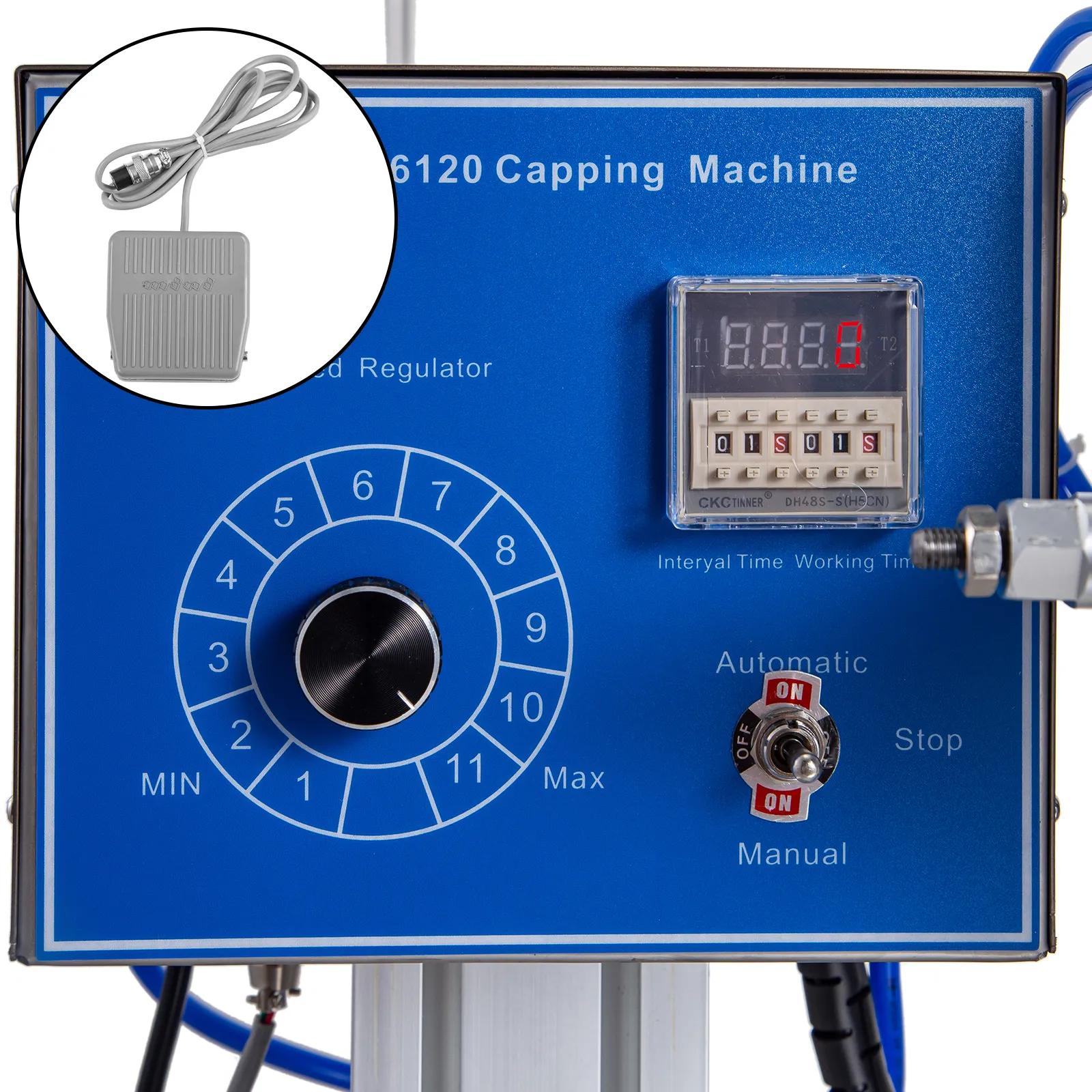 Máquina tapadora de rosca VEVOR con panel de control, temporizador e interruptor de pedal.