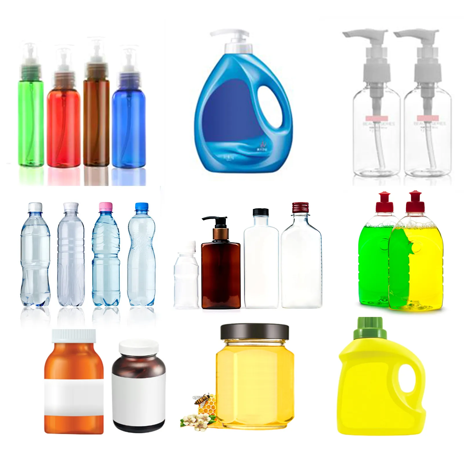 Varias botellas y envases de diferentes formas y tamaños para la máquina tapadora de rosca VEVOR.