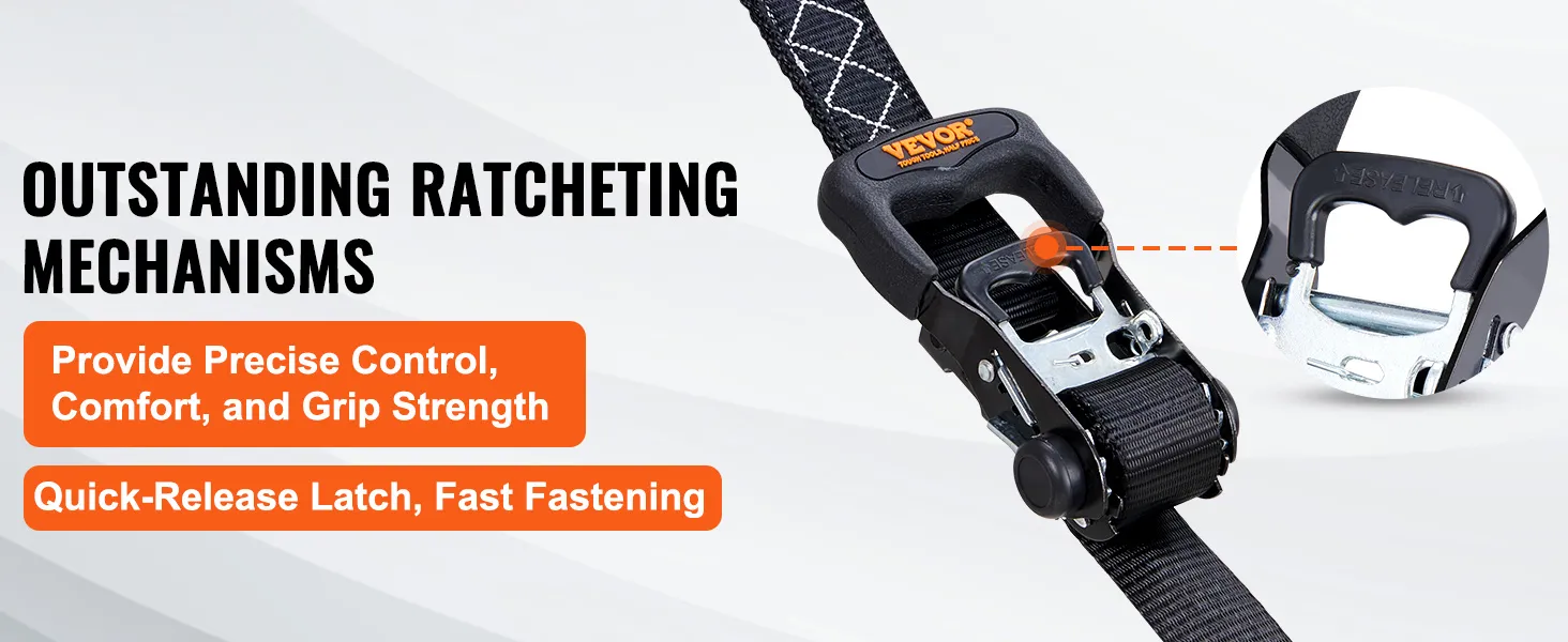 VEVOR ratchet tie down straps with quick-release latch, precise control, comfort, and grip strength.
