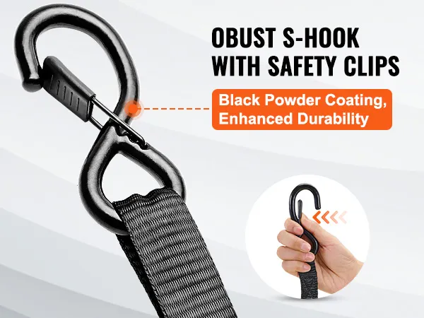 Gancho en S negro con clips de seguridad en correas de amarre de trinquete VEVOR, con revestimiento de polvo negro para mayor durabilidad.