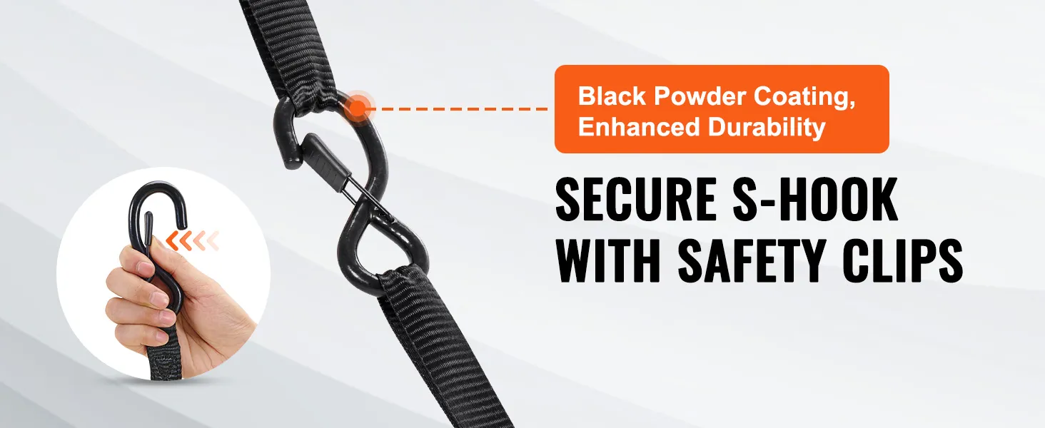 black s-hook with safety clips on VEVOR ratchet tie down straps, featuring black powder coating for durability.