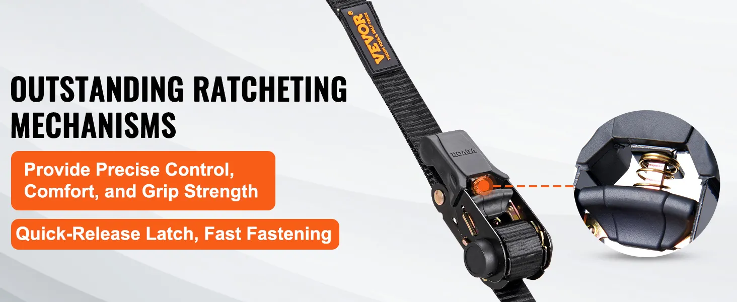 VEVOR ratchet tie down straps: precise control, comfort, quick-release latch for fast fastening.