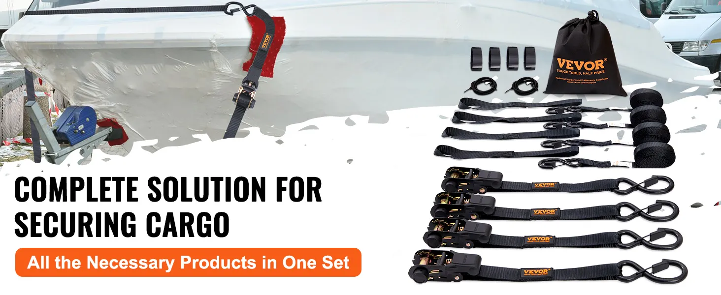 VEVOR ratchet tie down straps set securing a boat with black straps, hooks, and storage bag.