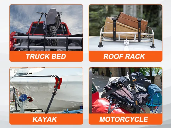 Correas de amarre con trinquete VEVOR que aseguran artículos en la plataforma del camión, portaequipajes, kayak y motocicleta.