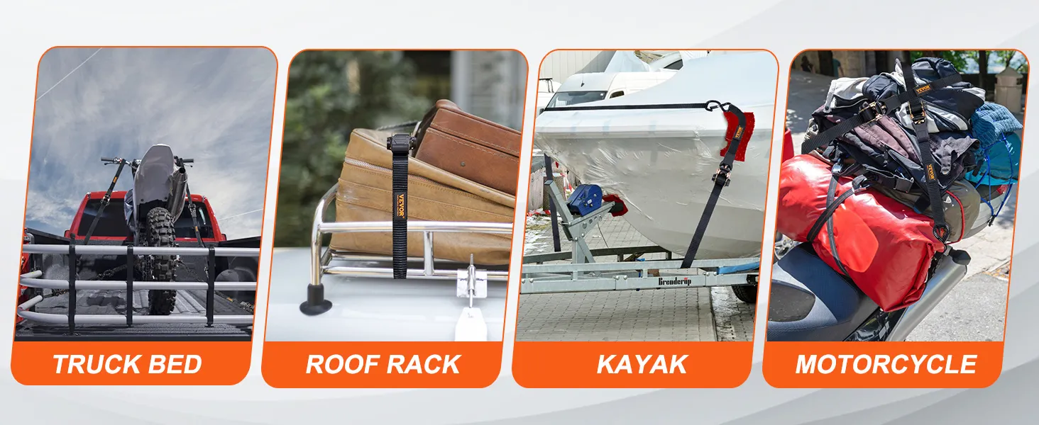 VEVOR ratchet tie down straps securing items on truck bed, roof rack, kayak, motorcycle.