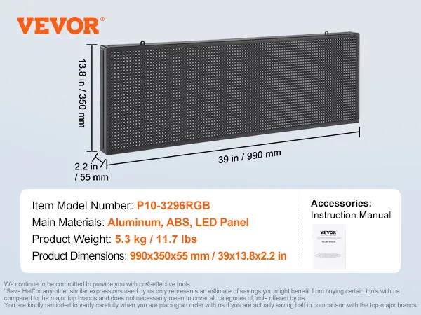 VEVOR programmeerbaar led-bord, model p10-3296rgb, gemaakt van aluminium, abs, afmetingen 990x350x55mm.