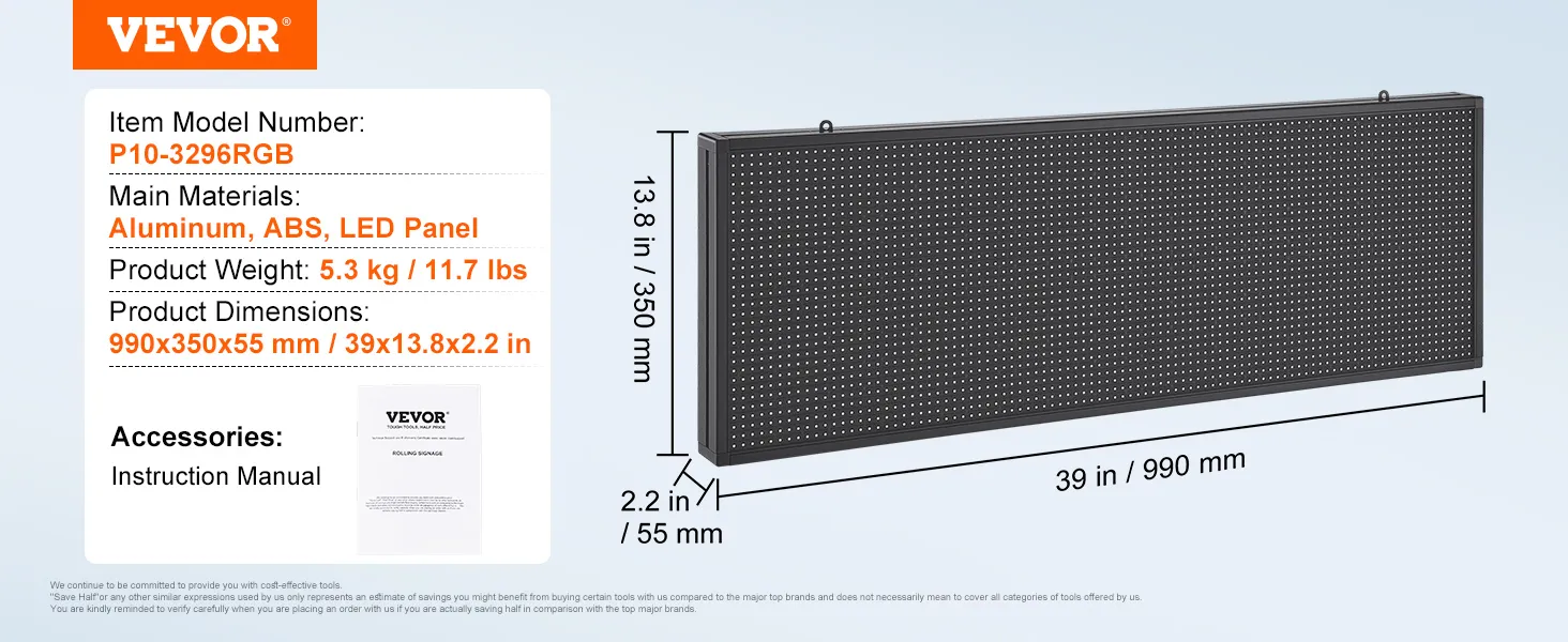 VEVOR programozható LED tábla, p10-3296rgb modell, alumíniumból, ABS-ből készült, méretei 990 x 350 x 55 mm.
