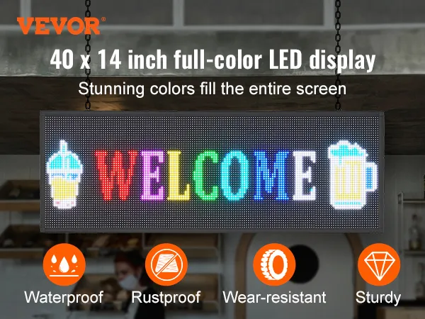 VEVOR programmeerbaar led-bord, 40x14 inch, full-color display met "welkom"-tekst. Waterdicht en stevig.