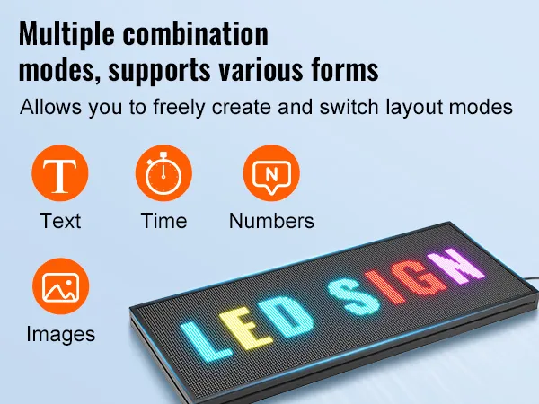 VEVOR programmeerbaar led-bord met "led-bord" in veelkleurige tekst met pictogrammen voor tekst, tijd, afbeeldingen en getallen.