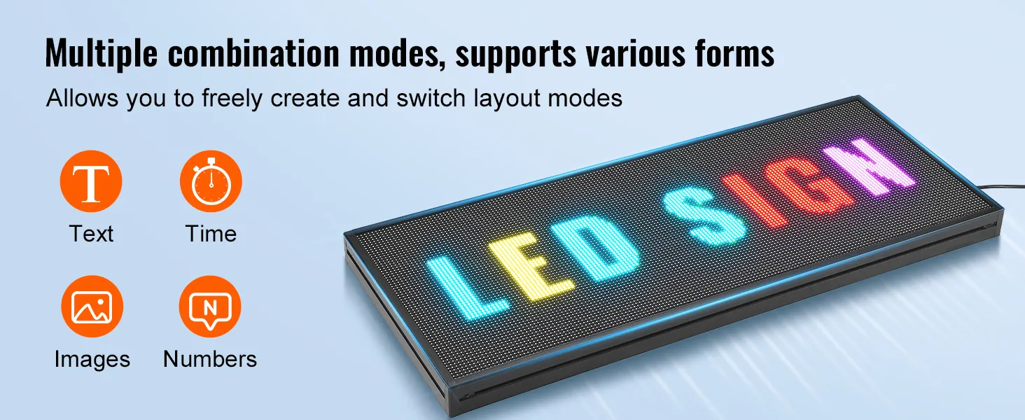 VEVOR programozható LED kijelző többszínű LED kijelzővel, szöveges, időbeli, képi és számbeli ikonokkal.