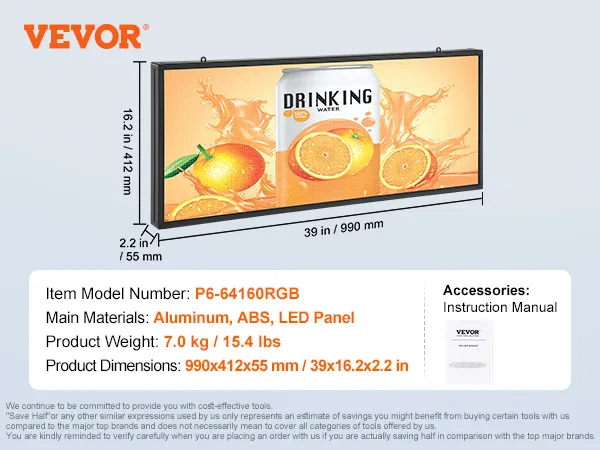 VEVOR programmeerbaar led-bord, aluminium frame, 39x16,2 inch, feloranje drankdisplay, model p6-64160rgb.
