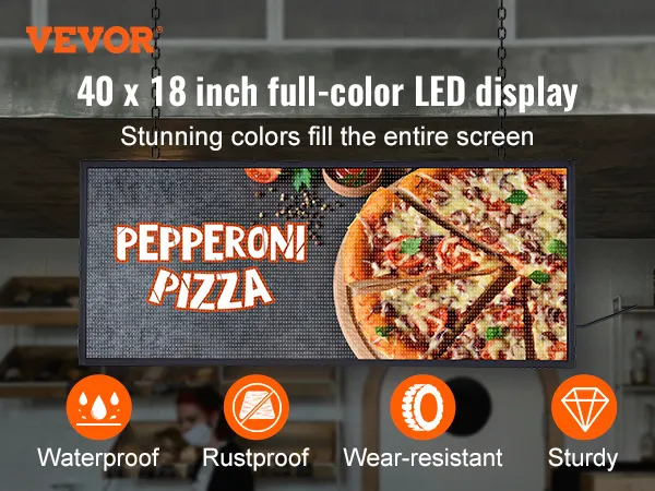 VEVOR programmeerbaar LED-bord van 40x18 inch met een kleurendisplay met levendige afbeeldingen van pepperoni-pizza en pictogrammen.