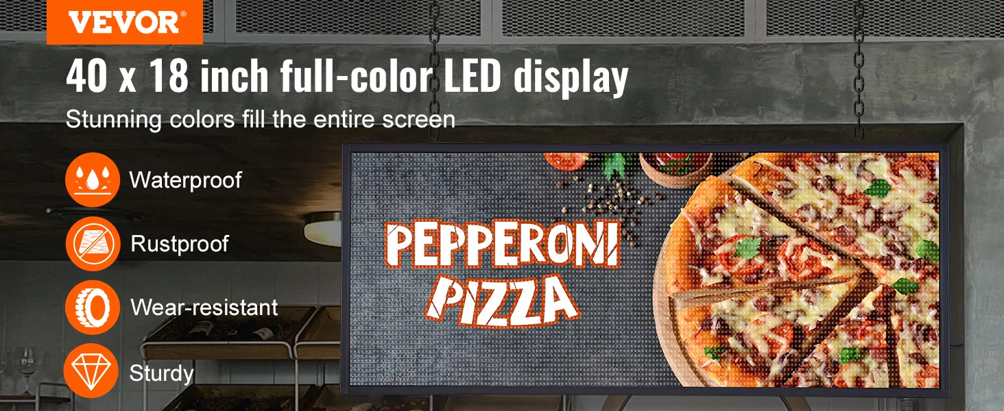 VEVOR 40x18 hüvelykes programozható LED kijelző, teljes színes kijelző élénk pepperonis pizza képpel és ikonokkal.