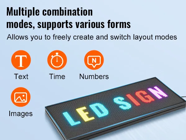 VEVOR programmeerbaar LED-bord met modi voor tekst, tijd, afbeeldingen en cijfers op een strakke achtergrond.