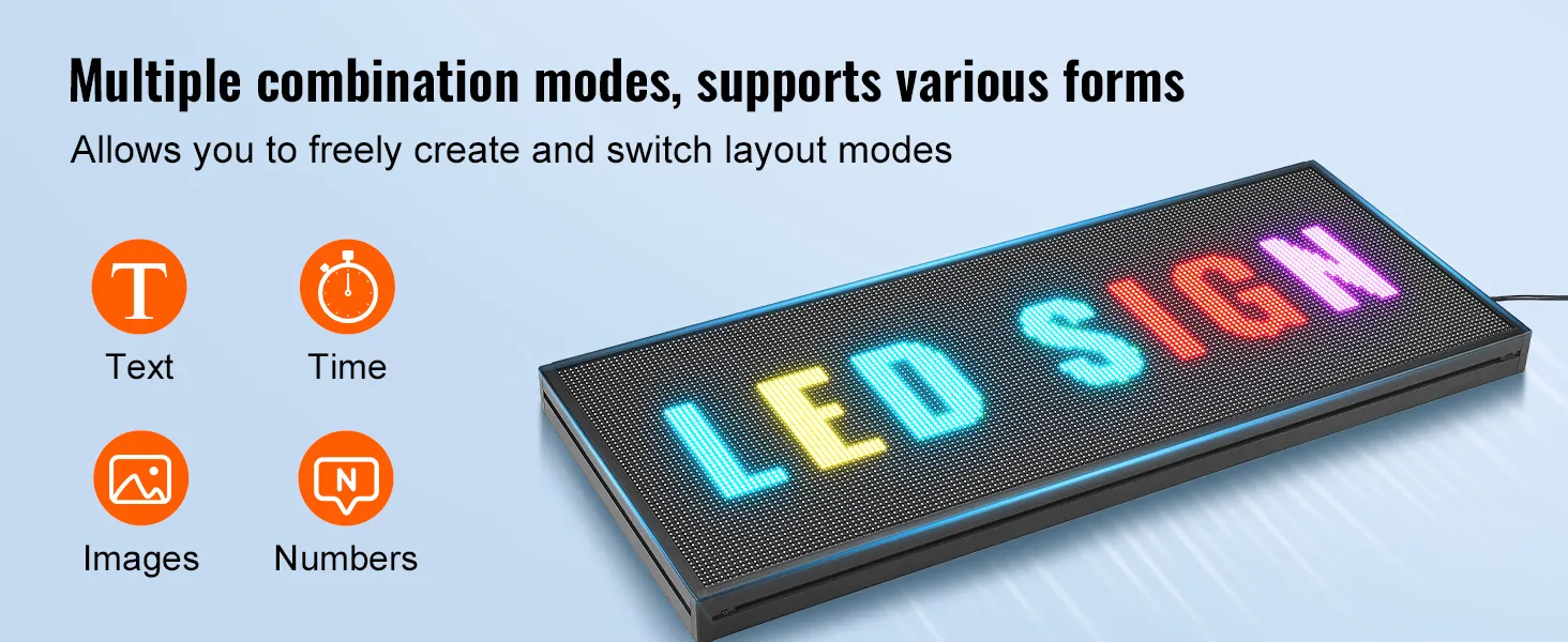 VEVOR programozható LED kijelző szöveg, idő, képek és számok megjelenítési módjaival, elegáns háttérrel.