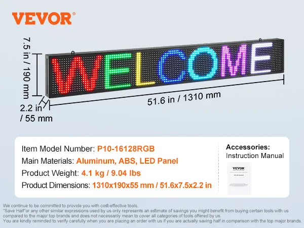 VEVOR programmeerbaar led-bord, afmetingen 1310x190x55 mm, met de tekst "welkom" in veelkleurige lampjes.