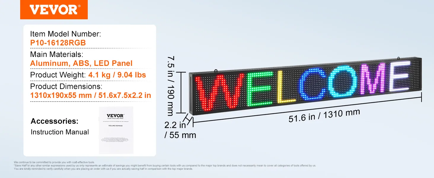 Programmierbares LED-Schild von VEVOR, Abmessungen 1310 x 190 x 55 mm, zeigt „Willkommen“ in mehrfarbigen Lichtern an.