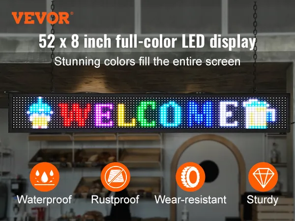 VEVOR programmeerbaar led-bord met "welkom"-bericht, waterdicht, roestvrij, slijtvast en stevig.