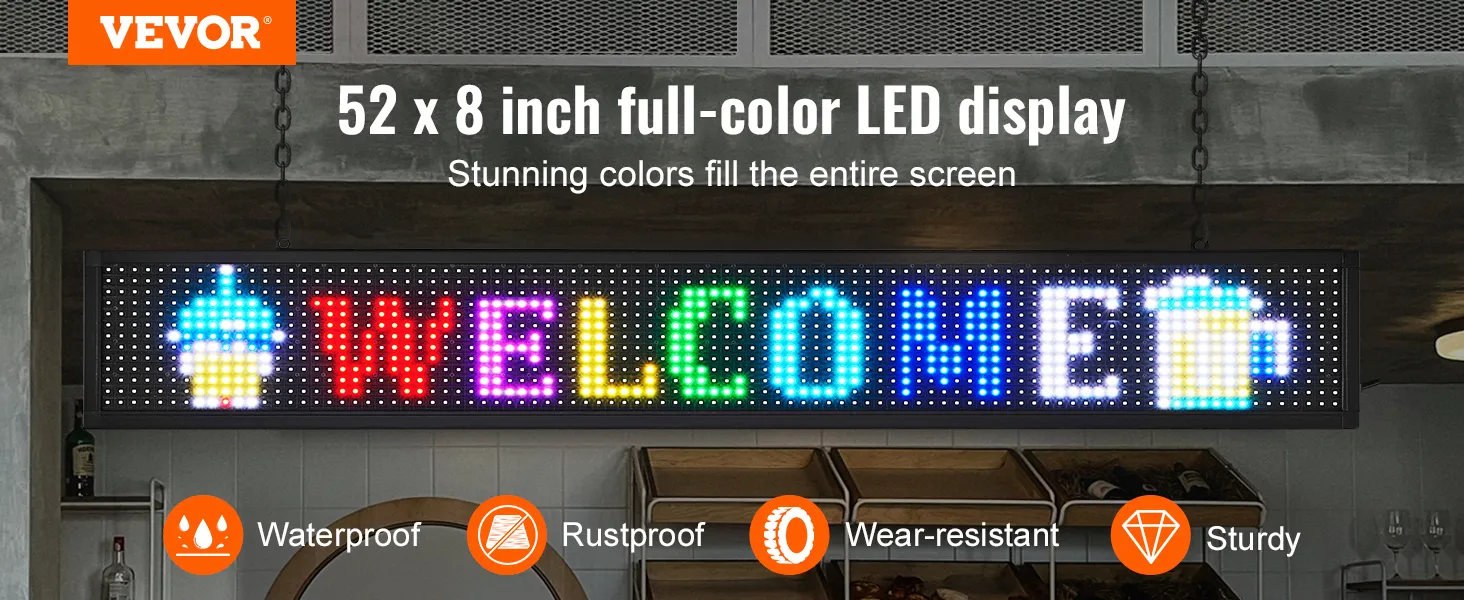 Programmierbares LED-Schild von VEVOR mit „Willkommen“-Nachricht, wasserdicht, rostfrei, verschleißfest, robust.
