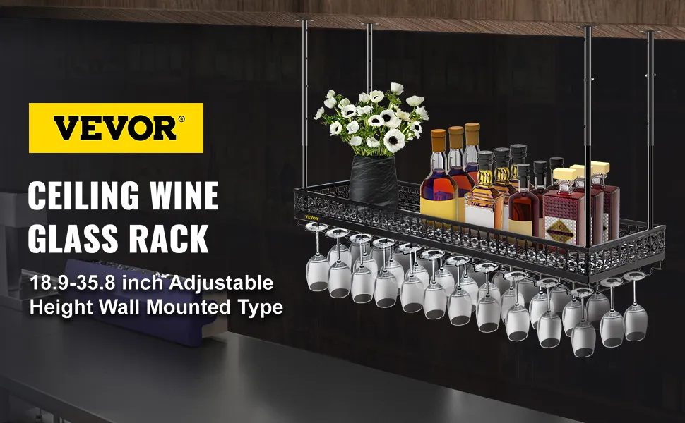 VEVOR ceiling wine glass rack with bottles and flowers, adjustable height.