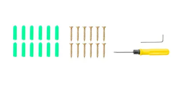 green anchors, screws, yellow-handled screwdriver, and hex key for VEVOR ceiling wine glass rack.