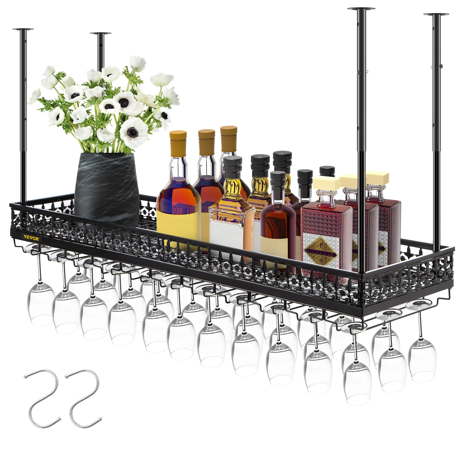 VEVOR ceiling wine glass rack with hanging glasses, bottles, and flowers in a vase.